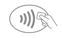 El símbolo de transacciones sin contacto muestra una mano que sostiene un chip sobre el indicador dentro de un contorno ovalado.